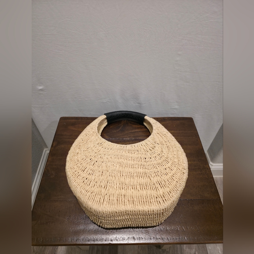 Cottagecore Coastal "A New Day" Neutral Wicker Straw Beige  Top Handle Bag - Picture 3 of 4